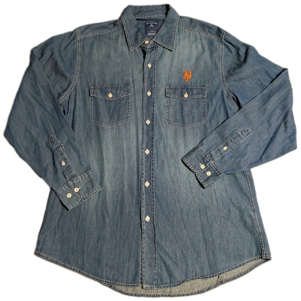 Antigua New York Mets Denim Chambray Shirt Mens L Button Front MLB Baseball